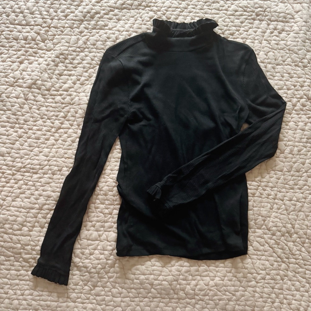 J. Crew Black Long Sleeve Ruffle Trim Top